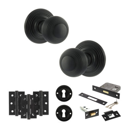 Old English Ripon Door Knob Pack (Lock Set - 3" Latch & Deadlock, 3" Fire Rated Hinges x3) - Matt Black