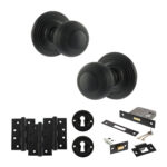 Old English Ripon Door Knob Pack (Lock Set - 3" Latch & Deadlock, 4" Fire Rated Hinges x3) - Matt Black
