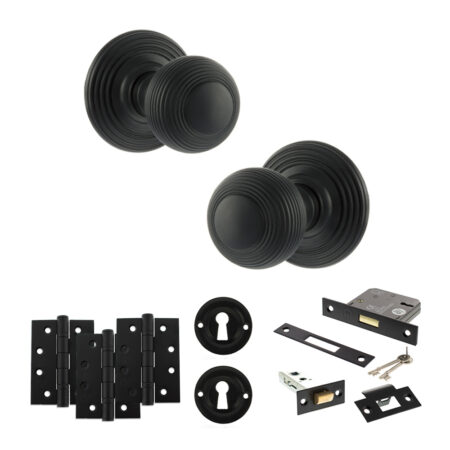 Old English Ripon Door Knob Pack (Lock Set - 3" Latch & Deadlock, 4" Fire Rated Hinges x3) - Matt Black