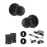 Old English Ripon Door Knob Pack (Lock Set - 3" Latch & Deadlock, 4" Slim Knuckle Hinges x2) - Matt Black