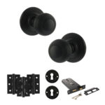 Old English Ripon Door Knob Pack (Lock Set - Horizontal Sashlock, 3" Fire Rated Hinges x3) - Matt Black