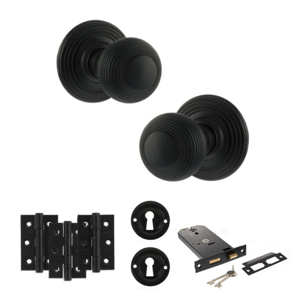 Old English Ripon Door Knob Pack (Lock Set - Horizontal Sashlock, 3" Fire Rated Hinges x3) - Matt Black