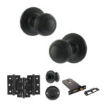 Old English Ripon Door Knob Pack (Lock Set - Horizontal Bathlock, 3" Fire Rated Hinges x3) - Matt Black