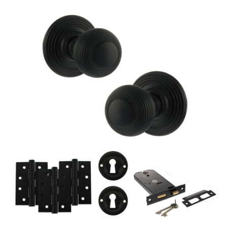 Old English Ripon Door Knob Pack (Lock Set - Horizontal Sashlock, 4" Fire Rated Hinges x3) - Matt Black