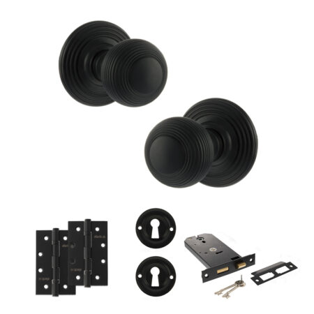 Old English Ripon Door Knob Pack (Lock Set - Horizontal Sashlock, 4" Slim Knuckle Hinges x2) - Matt Black
