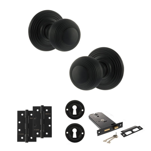 Old English Ripon Door Knob Pack (Lock Set - Horizontal Sashlock, 4" Slim Knuckle Hinges x2) - Matt Black