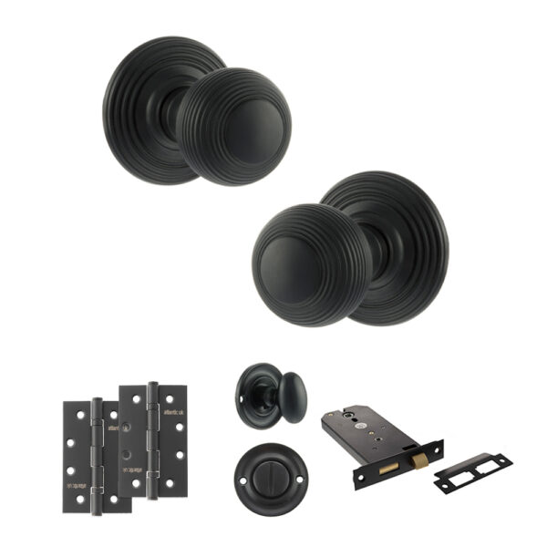 Old English Ripon Door Knob Pack (Lock Set - Horizontal Bathlock, 4" Slim Knuckle Hinges x2) - Matt Black