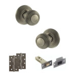 Old English Ripon Door Knob Pack (Latch Set - 3" HD Latch, 4" Slim Knuckle Hinges x2) - Matt Gun Metal