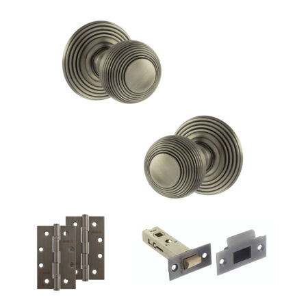 Old English Ripon Door Knob Pack (Latch Set - 3" HD Latch, 4" Slim Knuckle Hinges x2) - Matt Gun Metal