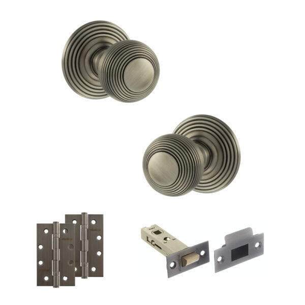 Old English Ripon Door Knob Pack (Latch Set - 4" HD Latch, 4" Slim Knuckle Hinges x2) - Matt Gun Metal
