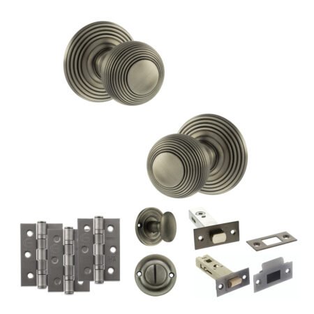 Old English Ripon Door Knob Pack (Bathroom Set - 3" Deadbolt, 3" Fire Rated Hinges x3) - Matt Gun Metal