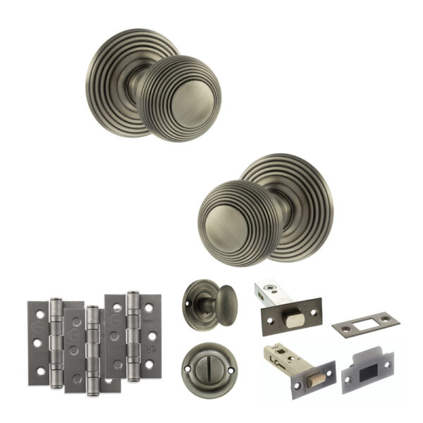 Old English Ripon Door Knob Pack (Bathroom Set - 4" Deadbolt, 3" Fire Rated Hinges x3) - Matt Gun Metal