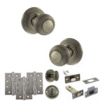 Old English Ripon Door Knob Pack (Bathroom Set - 4" Deadbolt, 4" Fire Rated Hinges x3) - Matt Gun Metal