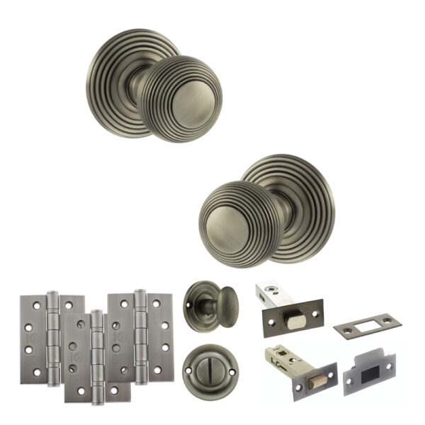 Old English Ripon Door Knob Pack (Bathroom Set - 4" Deadbolt, 4" Fire Rated Hinges x3) - Matt Gun Metal