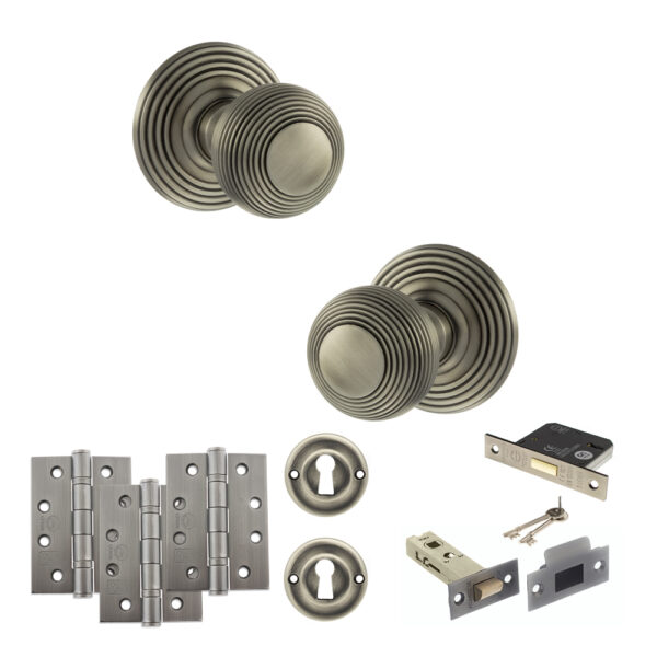Old English Ripon Door Knob Pack (Lock Set - 3" Latch & Deadlock, 4" Fire Rated Hinges x3) - Matt Gun Metal