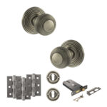 Old English Ripon Door Knob Pack (Lock Set - Horizontal Sashlock, 3" Fire Rated Hinges x3) - Matt Gun Metal
