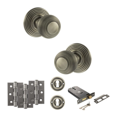 Old English Ripon Door Knob Pack (Lock Set - Horizontal Sashlock, 3" Fire Rated Hinges x3) - Matt Gun Metal