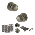 Old English Ripon Door Knob Pack (Lock Set - Horizontal Bathlock, 3" Fire Rated Hinges x3) - Matt Gun Metal