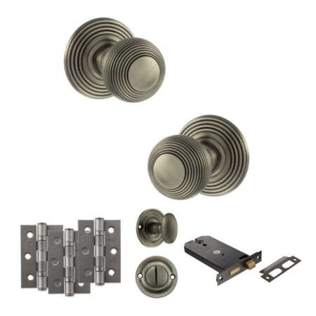 Old English Ripon Door Knob Pack (Lock Set - Horizontal Bathlock, 3" Fire Rated Hinges x3) - Matt Gun Metal