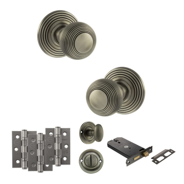 Old English Ripon Door Knob Pack (Lock Set - Horizontal Bathlock, 3" Fire Rated Hinges x3) - Matt Gun Metal