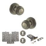 Old English Ripon Door Knob Pack (Lock Set - Horizontal Sashlock, 4" Fire Rated Hinges x3) - Matt Gun Metal