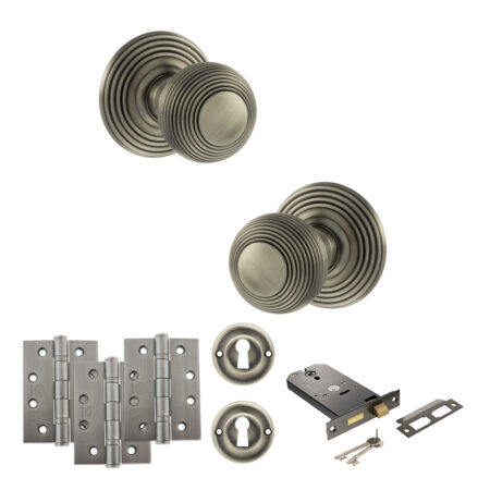 Old English Ripon Door Knob Pack (Lock Set - Horizontal Sashlock, 4" Fire Rated Hinges x3) - Matt Gun Metal