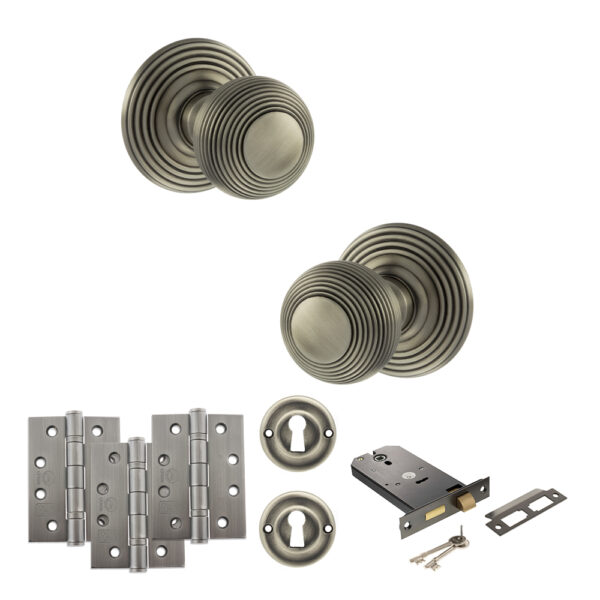 Old English Ripon Door Knob Pack (Lock Set - Horizontal Sashlock, 4" Fire Rated Hinges x3) - Matt Gun Metal