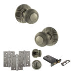 Old English Ripon Door Knob Pack (Lock Set - Horizontal Bathlock, 4" Fire Rated Hinges x3) - Matt Gun Metal