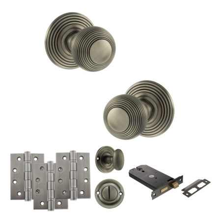 Old English Ripon Door Knob Pack (Lock Set - Horizontal Bathlock, 4" Fire Rated Hinges x3) - Matt Gun Metal