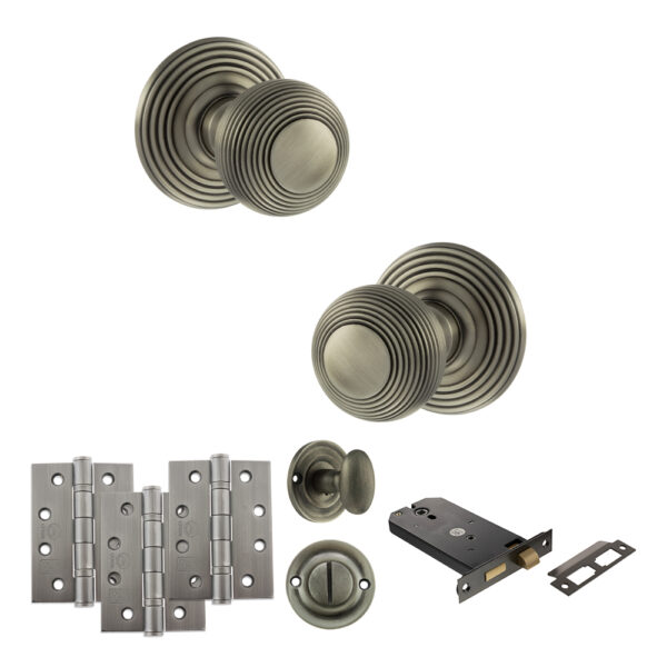 Old English Ripon Door Knob Pack (Lock Set - Horizontal Bathlock, 4" Fire Rated Hinges x3) - Matt Gun Metal