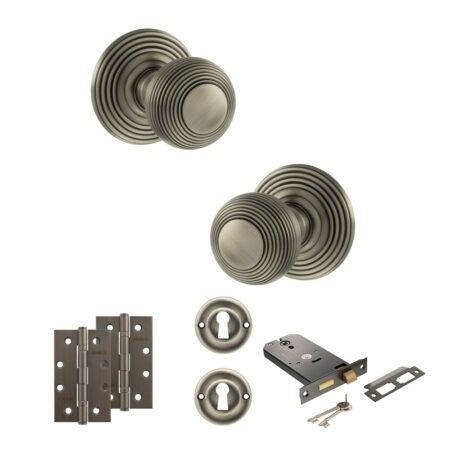 Old English Ripon Door Knob Pack (Lock Set - Horizontal Sashlock, 4" Slim Knuckle Hinges x2) - Matt Gun Metal