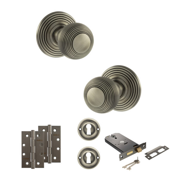 Old English Ripon Door Knob Pack (Lock Set - Horizontal Sashlock, 4" Slim Knuckle Hinges x2) - Matt Gun Metal