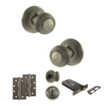 Old English Ripon Door Knob Pack (Lock Set - Horizontal Bathlock, 4" Slim Knuckle Hinges x2) - Matt Gun Metal
