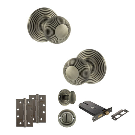 Old English Ripon Door Knob Pack (Lock Set - Horizontal Bathlock, 4" Slim Knuckle Hinges x2) - Matt Gun Metal