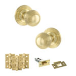 Old English Ripon Door Knob Pack (Latch Set - 4" HD Latch, 3" Fire Rated Hinges x3) - Polished Brass