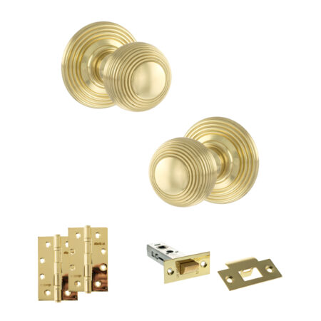 Old English Ripon Door Knob Pack (Latch Set - 3" HD Latch, 4" Slim Knuckle Hinges x2) - Polished Brass