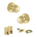 Old English Ripon Door Knob Pack (Latch Set - 4" HD Latch, 4" Slim Knuckle Hinges x2) - Polished Brass