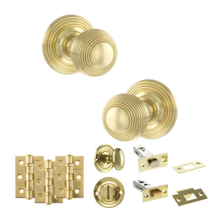 Old English Ripon Door Knob Pack (Bathroom Set - 3" Deadbolt, 3" Fire Rated Hinges x3) - Polished Brass