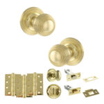 Old English Ripon Door Knob Pack (Bathroom Set - 3" Deadbolt, 4" Fire Rated Hinges x3) - Polished Brass