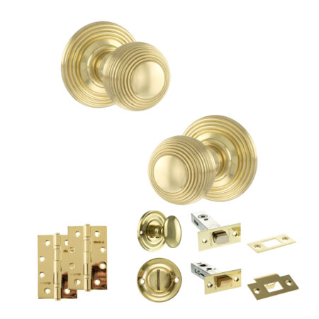 Old English Ripon Door Knob Pack (Bathroom Set - 3" Deadbolt, 4" Slim Knuckle Hinges x2) - Polished Brass
