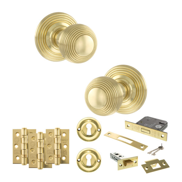 Old English Ripon Door Knob Pack (Lock Set - 3" Latch & Deadlock, 3" Fire Rated Hinges x3) - Polished Brass