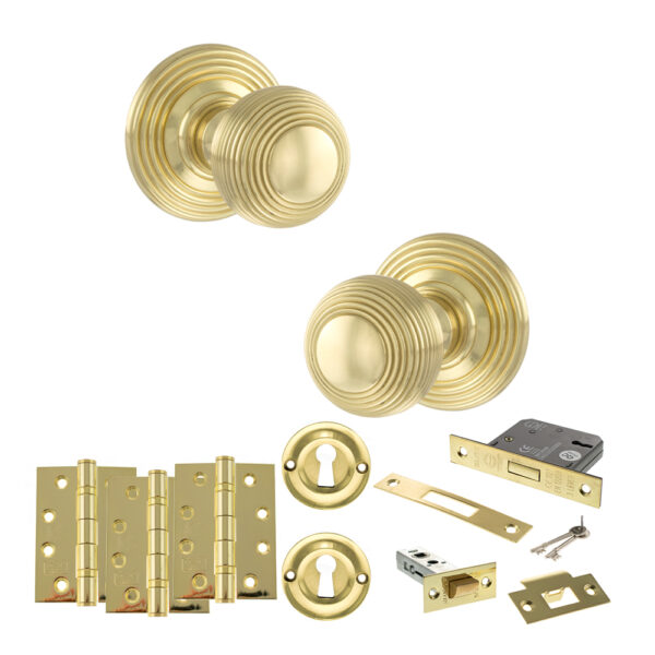 Old English Ripon Door Knob Pack (Lock Set - 3" Latch & Deadlock, 4" Fire Rated Hinges x3) - Polished Brass
