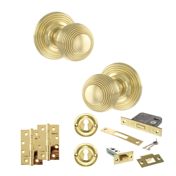 Old English Ripon Door Knob Pack (Lock Set - 3" Latch & Deadlock, 4" Slim Knuckle Hinges x2) - Polished Brass