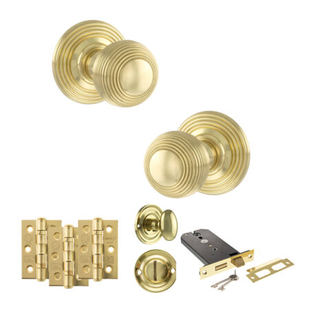 Old English Ripon Door Knob Pack (Lock Set - Horizontal Bathlock, 3" Fire Rated Hinges x3) - Polished Brass