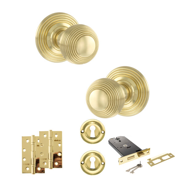 Old English Ripon Door Knob Pack (Lock Set - Horizontal Sashlock, 4" Slim Knuckle Hinges x2) - Polished Brass