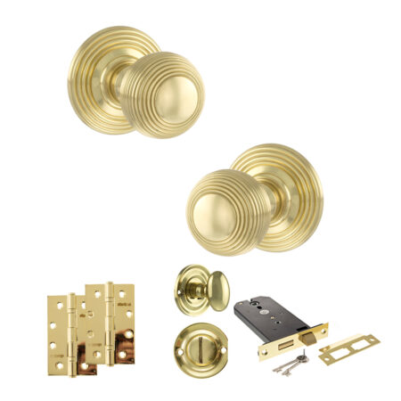 Old English Ripon Door Knob Pack (Lock Set - Horizontal Bathlock, 4" Slim Knuckle Hinges x2) - Polished Brass