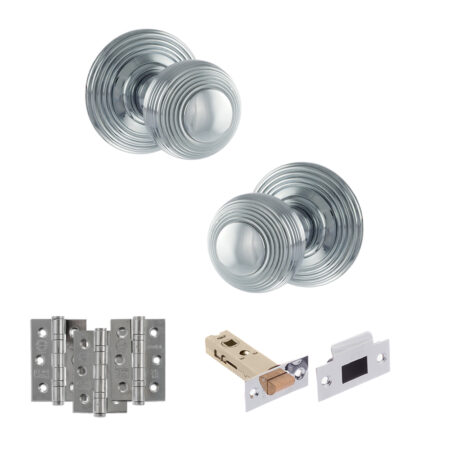 Old English Ripon Door Knob Pack (Latch Set - 3" HD Latch, 3" Fire Rated Hinges x3) - Polished Chrome