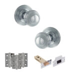 Old English Ripon Door Knob Pack (Latch Set - 4" HD Latch, 3" Fire Rated Hinges x3) - Polished Chrome