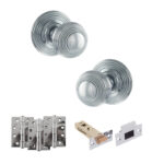 Old English Ripon Door Knob Pack (Latch Set - 3" HD Latch, 4" Fire Rated Hinges x3) - Polished Chrome