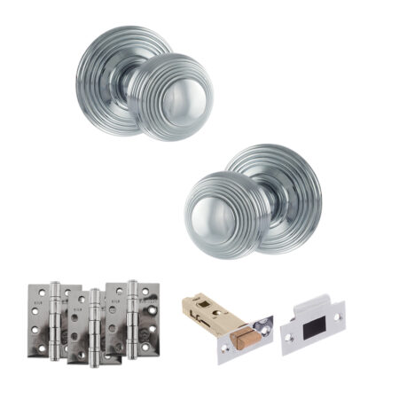 Old English Ripon Door Knob Pack (Latch Set - 3" HD Latch, 4" Fire Rated Hinges x3) - Polished Chrome